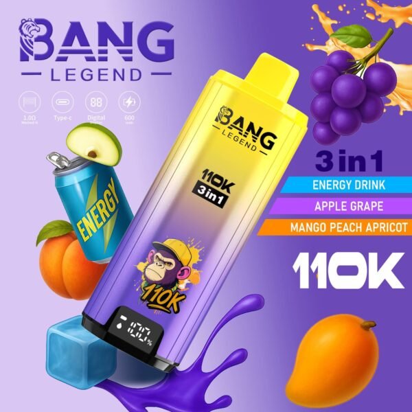 Bang Legend 110K – 3in1 energydrlnk alma szőlő mangó őszibarack apricot – képen látható változat