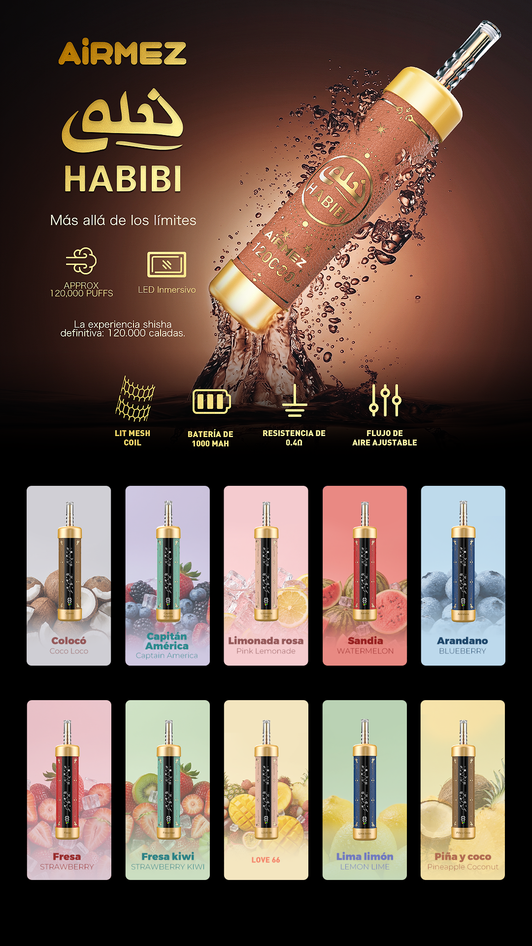 Airmez HABIBI 120K shisha stílusú LED-es eldobható vape