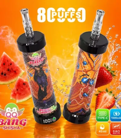 Két QQ Bang Blaze 80K shisha stílusú vape görögdinnyével és eperrel