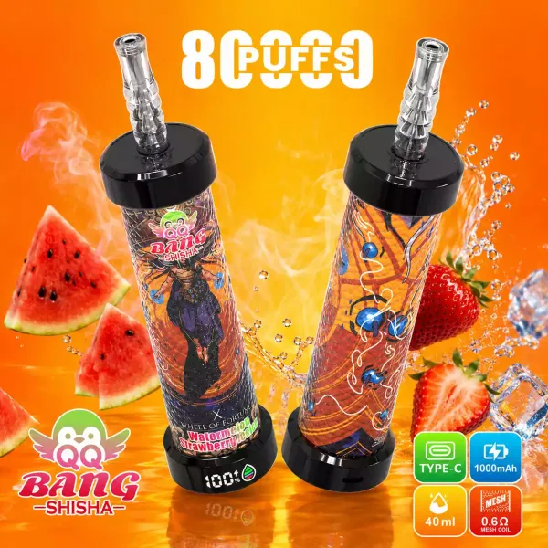 Két QQ Bang Blaze 80K shisha stílusú vape görögdinnyével és eperrel